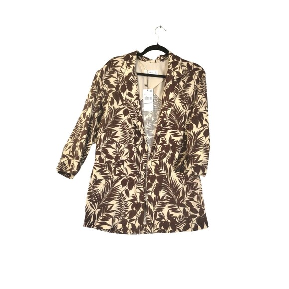 NWT Mango Blazer Women's XS Linen Blend Brown Tropical Hawaii Aloha Resort - Picture 1 of 12